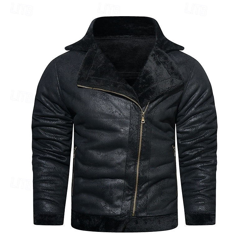 Faux Leather Biker Jacket Men's Black Fleece-Lined Lapel Zip Coat – Casual, Winter, Gift