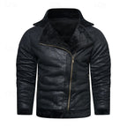 Faux Leather Biker Jacket Men's Black Fleece-Lined Lapel Zip Coat – Casual, Winter, Gift