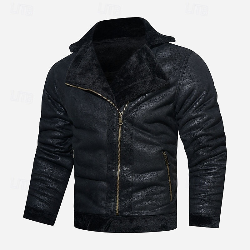 Faux Leather Biker Jacket Men's Black Fleece-Lined Lapel Zip Coat – Casual, Winter, Gift