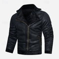 Faux Leather Biker Jacket Men's Black Fleece-Lined Lapel Zip Coat – Casual, Winter, Gift