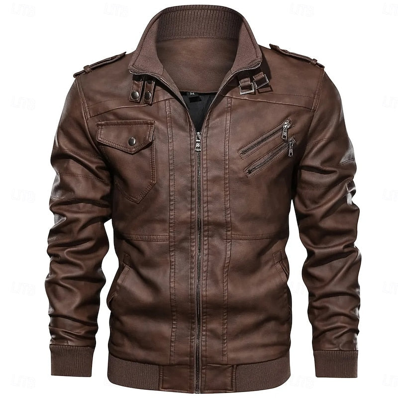 Faux Leather Biker Jacket Men's Brown Stand Collar Zip Moto Coat – Casual, Motorcycle, Gift