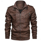 Faux Leather Biker Jacket Men's Brown Stand Collar Zip Moto Coat – Casual, Motorcycle, Gift