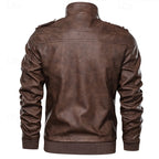 Faux Leather Biker Jacket Men's Brown Stand Collar Zip Moto Coat – Casual, Motorcycle, Gift