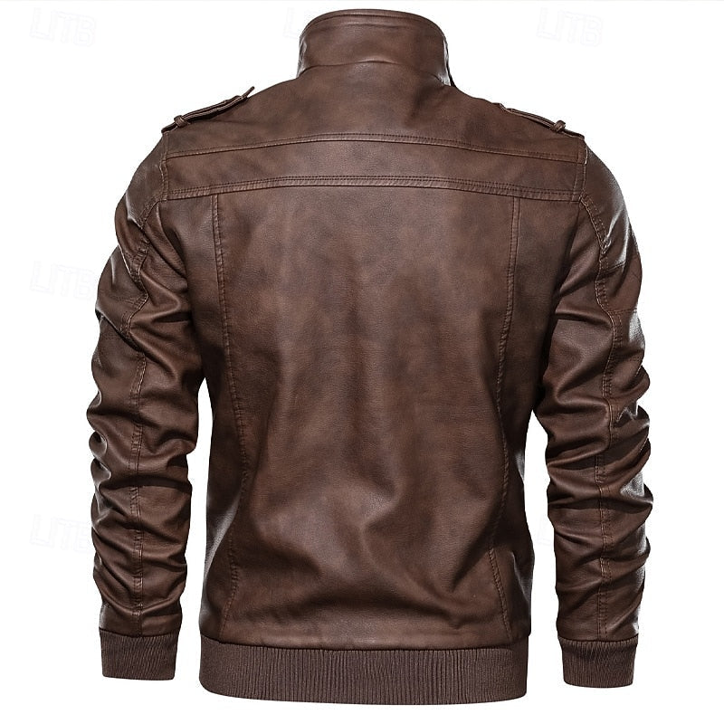 Faux Leather Biker Jacket Men's Brown Stand Collar Zip Moto Coat – Casual, Motorcycle, Gift
