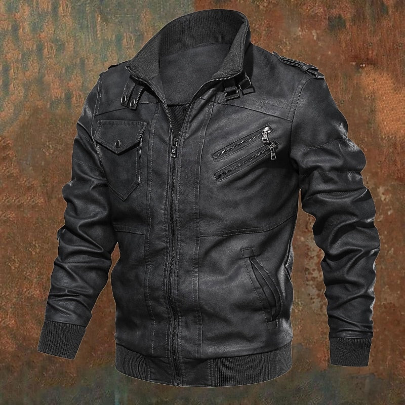 Faux Leather Biker Jacket Men's Brown Stand Collar Zip Moto Coat – Casual, Motorcycle, Gift