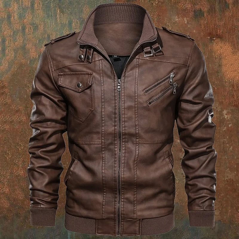 Faux Leather Biker Jacket Men's Brown Stand Collar Zip Moto Coat – Casual, Motorcycle, Gift