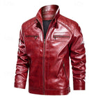 Faux Leather Biker Jacket Men's Red Stand Collar Zip – Casual, Motorcycle, Holiday, Gift