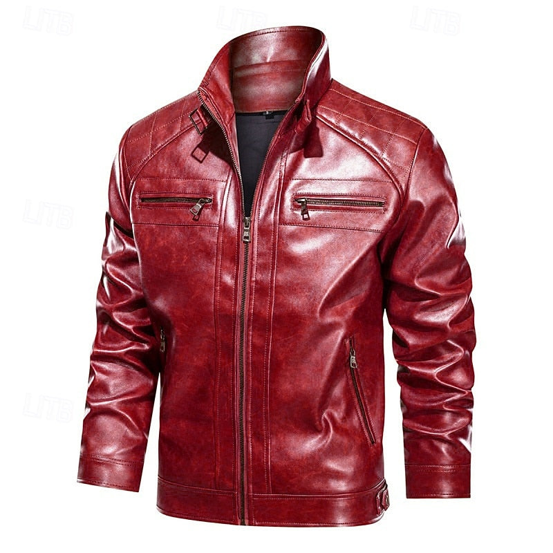 Faux Leather Biker Jacket Men's Red Stand Collar Zip – Casual, Motorcycle, Holiday, Gift