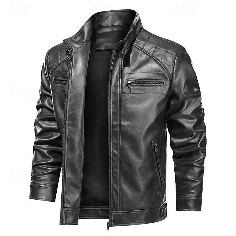 Faux Leather Biker Jacket Men's Red Stand Collar Zip – Casual, Motorcycle, Holiday, Gift