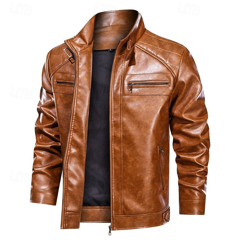 Faux Leather Biker Jacket Men's Red Stand Collar Zip – Casual, Motorcycle, Holiday, Gift