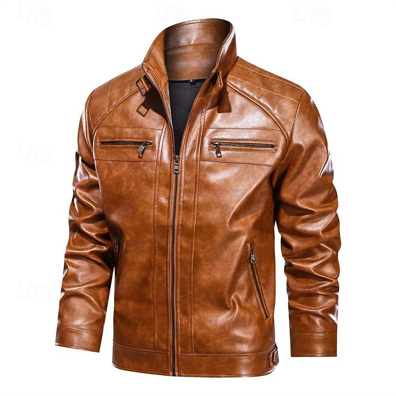 Faux Leather Biker Jacket Men's Red Stand Collar Zip – Casual, Motorcycle, Holiday, Gift