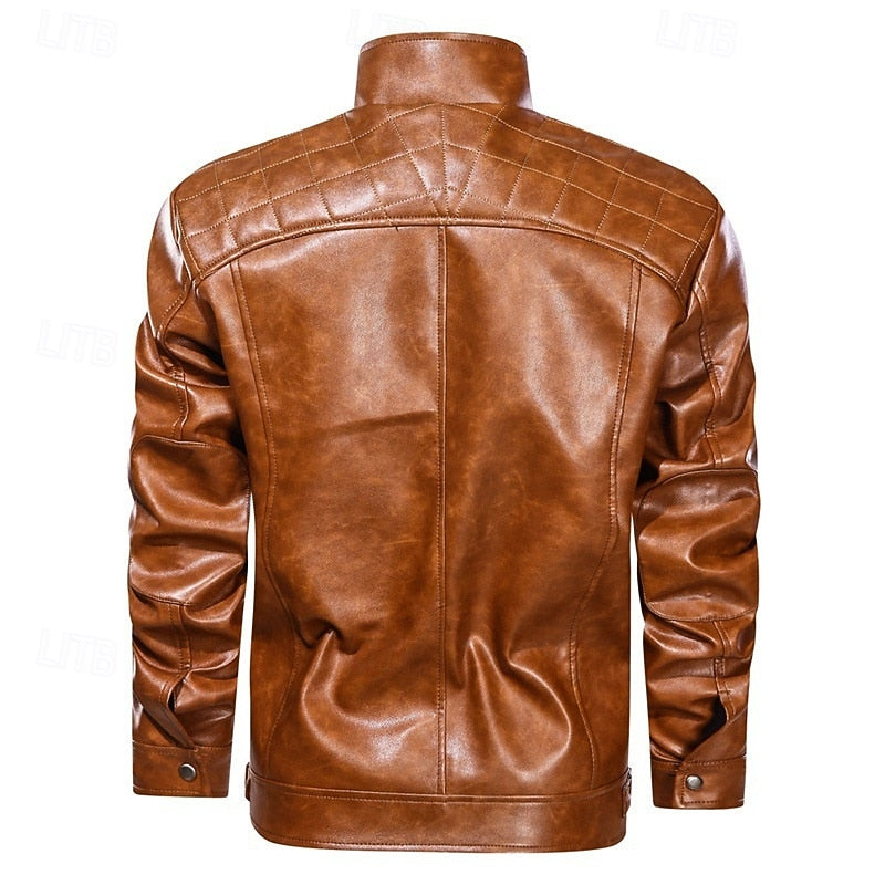 Faux Leather Biker Jacket Men's Red Stand Collar Zip – Casual, Motorcycle, Holiday, Gift