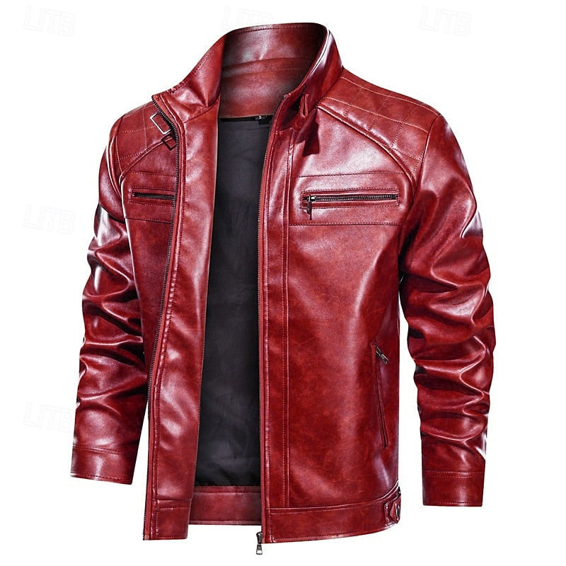 Faux Leather Biker Jacket Men's Red Stand Collar Zip – Casual, Motorcycle, Holiday, Gift