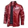 Faux Leather Biker Jacket Men's Red Stand Collar Zip – Casual, Motorcycle, Holiday, Gift