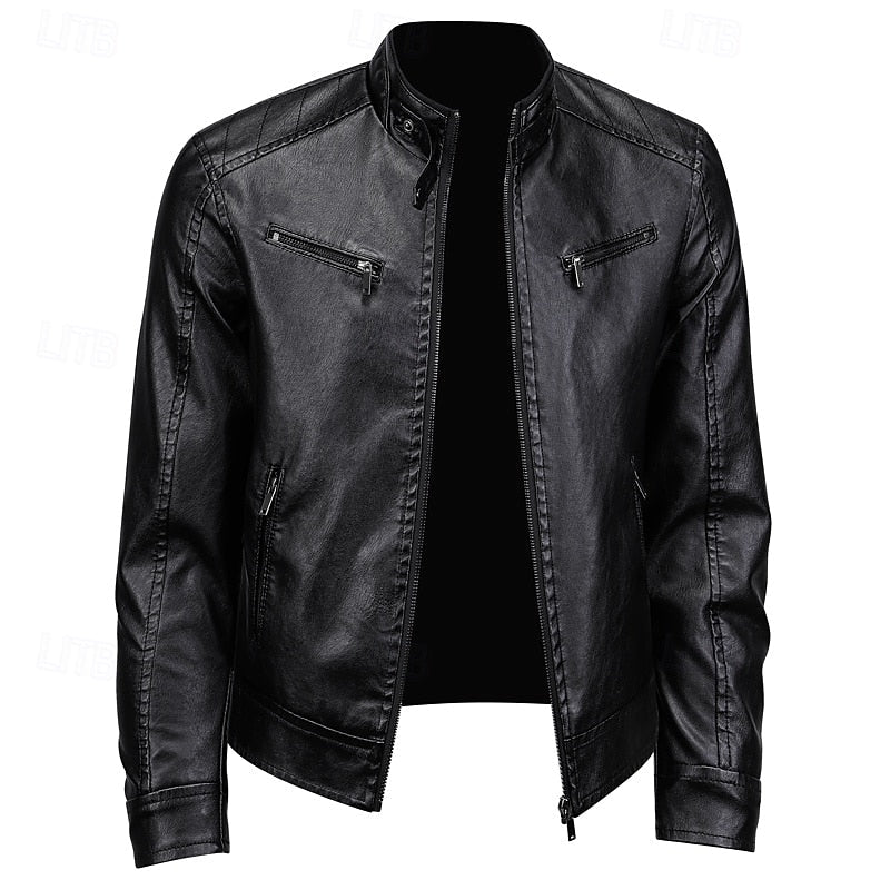 Faux Leather Biker Jacket Men's Stand Collar Zip-Up Brown – Casual, Motorcycle, Office, Gift