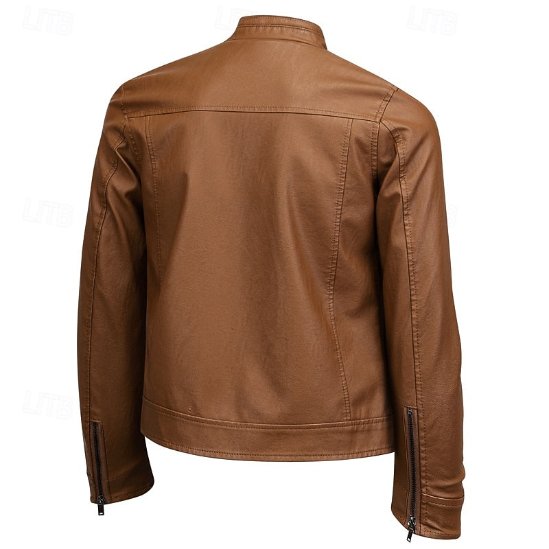 Faux Leather Biker Jacket Men's Stand Collar Zip-Up Brown – Casual, Motorcycle, Office, Gift