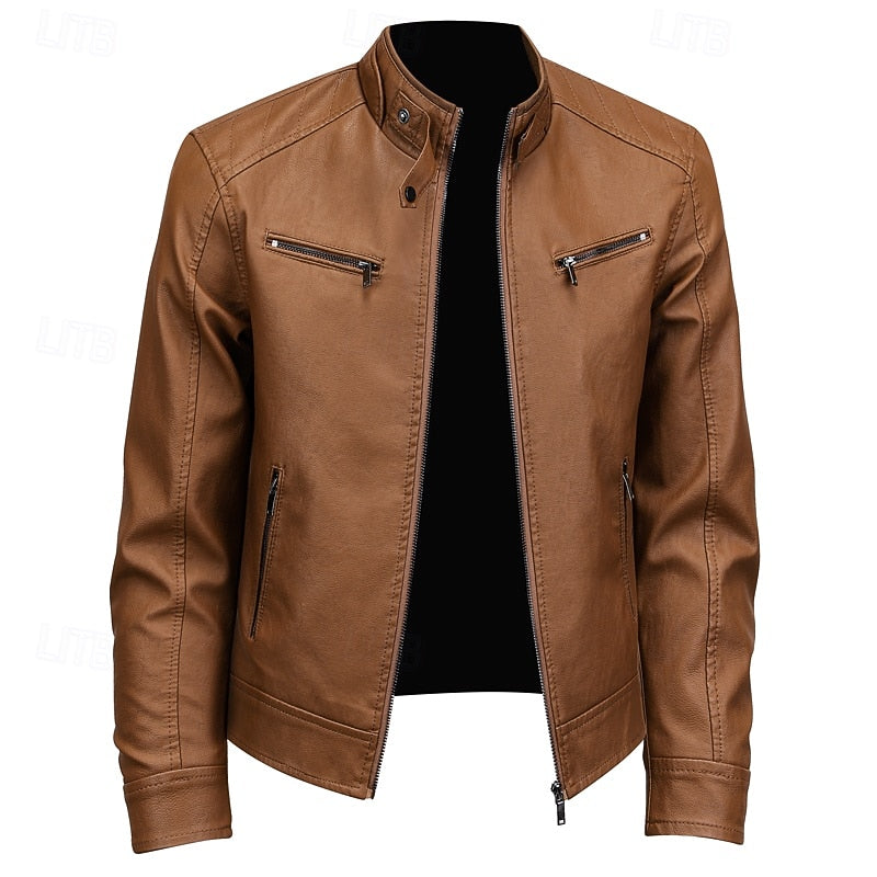 Faux Leather Biker Jacket Men's Stand Collar Zip-Up Brown – Casual, Motorcycle, Office, Gift