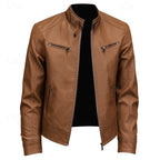 Faux Leather Biker Jacket Men's Stand Collar Zip-Up Brown – Casual, Motorcycle, Office, Gift