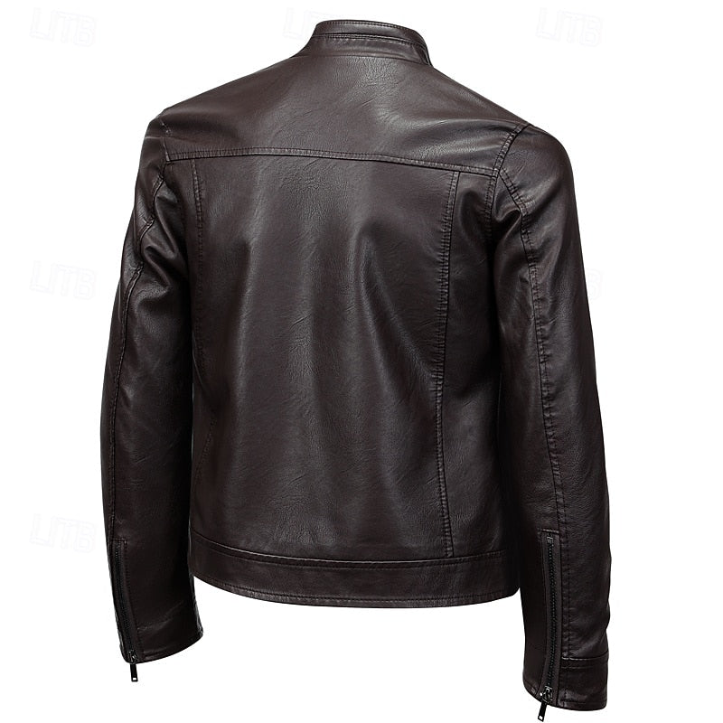 Faux Leather Biker Jacket Men's Stand Collar Zip-Up Brown – Casual, Motorcycle, Office, Gift