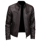 Faux Leather Biker Jacket Men's Stand Collar Zip-Up Brown – Casual, Motorcycle, Office, Gift