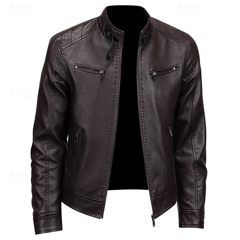 Faux Leather Biker Jacket Men's Stand Collar Zip-Up Brown – Casual, Motorcycle, Office, Gift