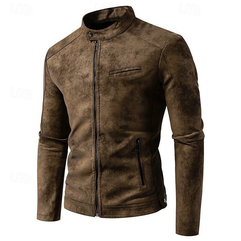 Faux Leather Biker Jacket Men's Stand-Collar Zip-Up Distressed Brown – Casual, Office, Holiday, Gift