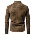 Faux Leather Biker Jacket Men's Stand-Collar Zip-Up Distressed Brown – Casual, Office, Holiday, Gift