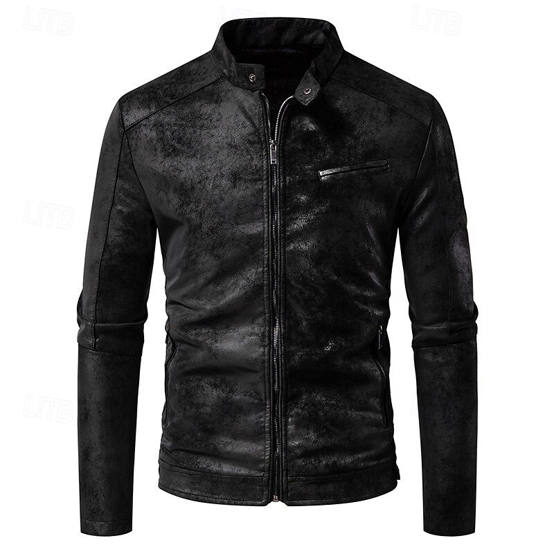 Faux Leather Biker Jacket Men's Stand-Collar Zip-Up Distressed Brown – Casual, Office, Holiday, Gift