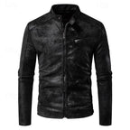 Faux Leather Biker Jacket Men's Stand-Collar Zip-Up Distressed Brown – Casual, Office, Holiday, Gift
