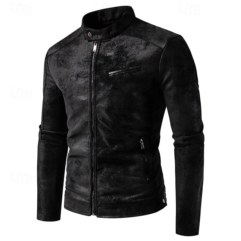 Faux Leather Biker Jacket Men's Stand-Collar Zip-Up Distressed Brown – Casual, Office, Holiday, Gift