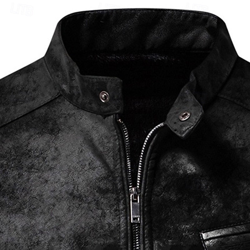 Faux Leather Biker Jacket Men's Stand-Collar Zip-Up Distressed Brown – Casual, Office, Holiday, Gift