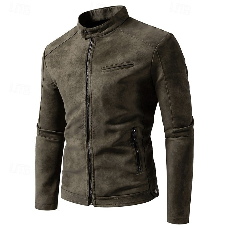 Faux Leather Biker Jacket Men's Stand-Collar Zip-Up Distressed Brown – Casual, Office, Holiday, Gift
