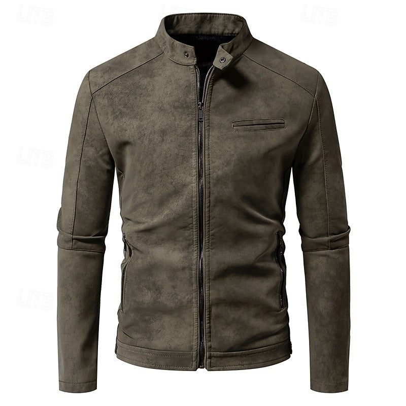 Faux Leather Biker Jacket Men's Stand-Collar Zip-Up Distressed Brown – Casual, Office, Holiday, Gift