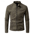 Faux Leather Biker Jacket Men's Stand-Collar Zip-Up Distressed Brown – Casual, Office, Holiday, Gift