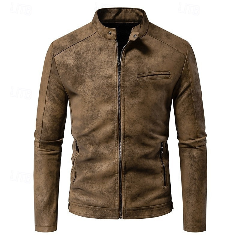Faux Leather Biker Jacket Men's Stand-Collar Zip-Up Distressed Brown – Casual, Office, Holiday, Gift