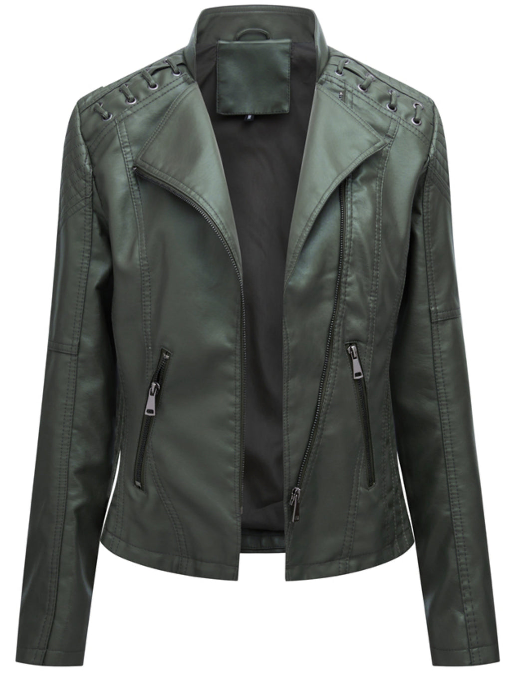 Faux Leather Biker Jacket Women's Green Zip-Up Moto Coat – Casual, Office, Holiday, Gift