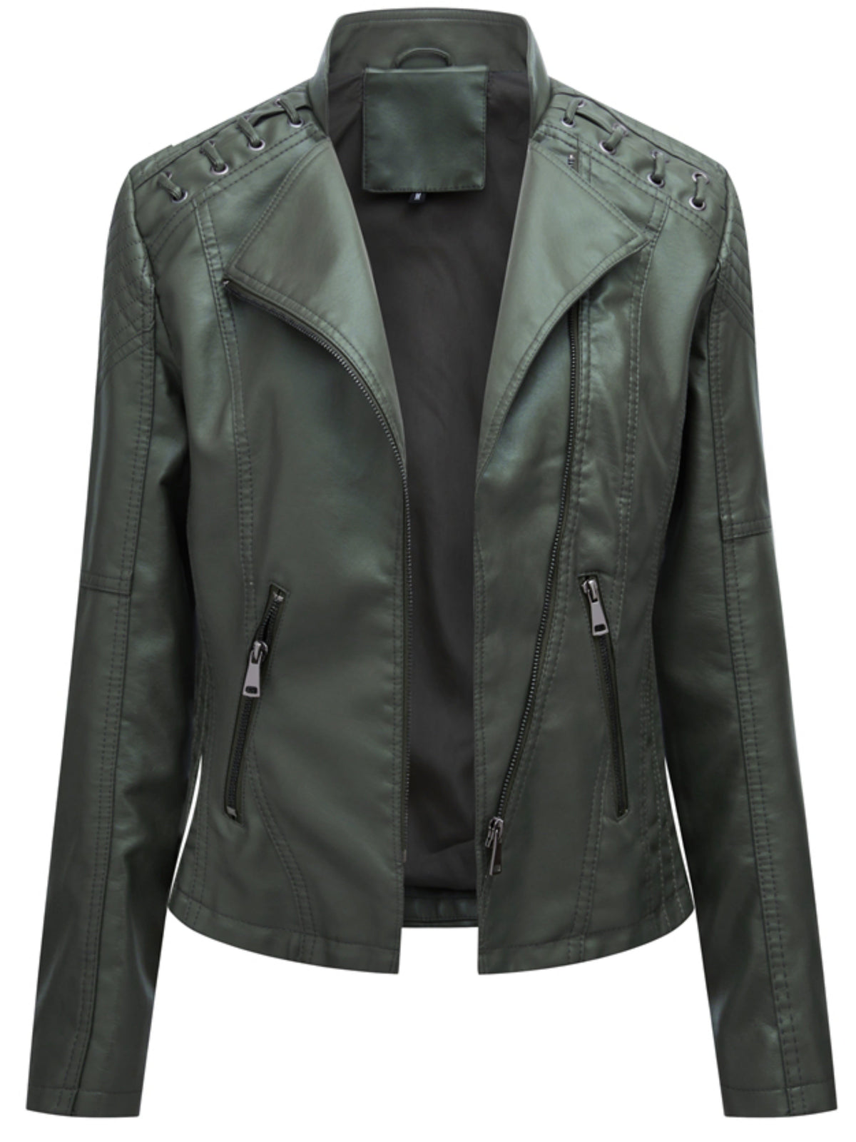 Faux Leather Biker Jacket Women's Green Zip-Up Moto Coat – Casual, Office, Holiday, Gift