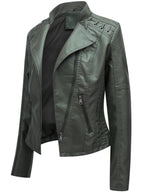 Faux Leather Biker Jacket Women's Green Zip-Up Moto Coat – Casual, Office, Holiday, Gift
