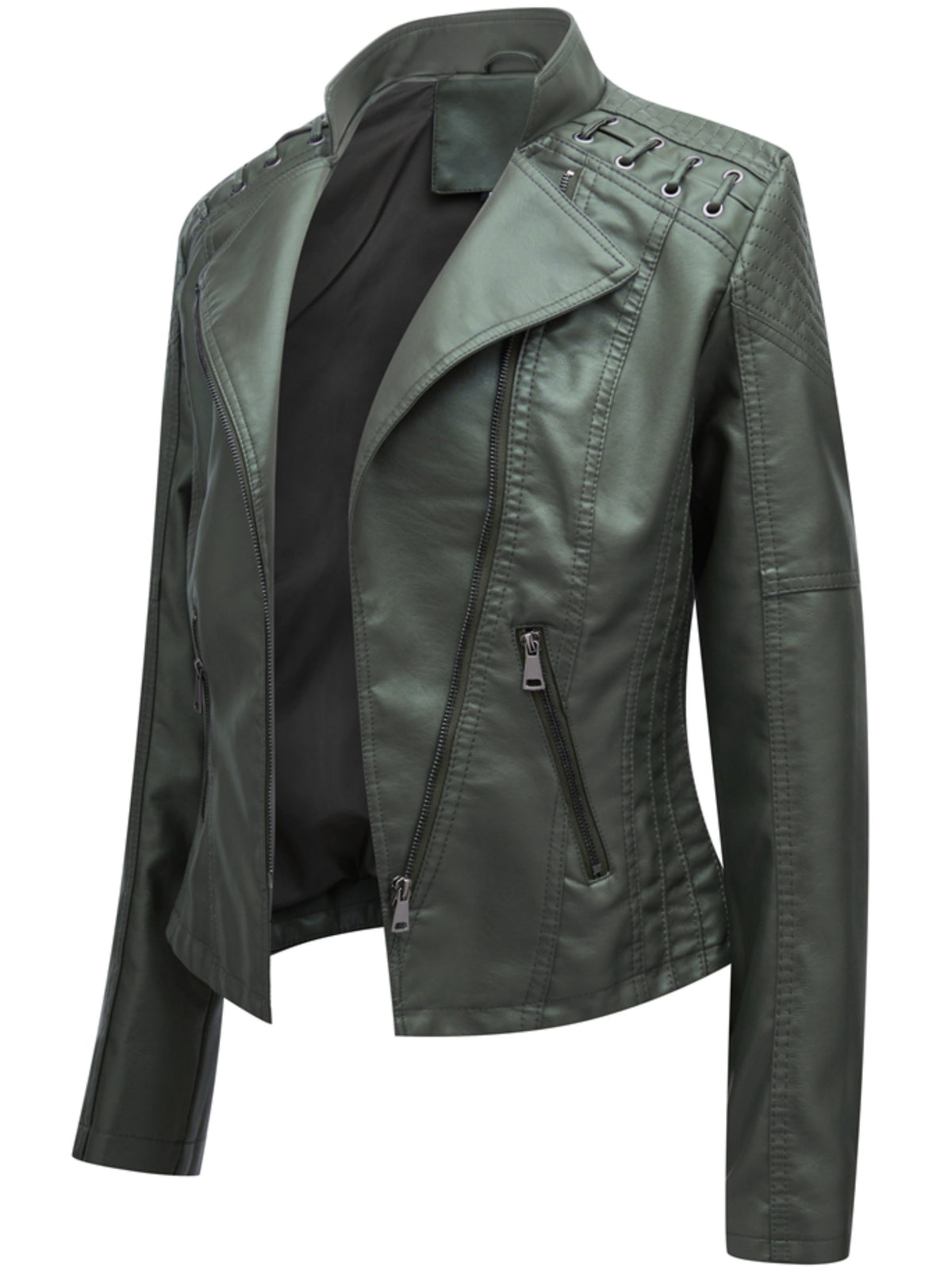 Faux Leather Biker Jacket Women's Green Zip-Up Moto Coat – Casual, Office, Holiday, Gift