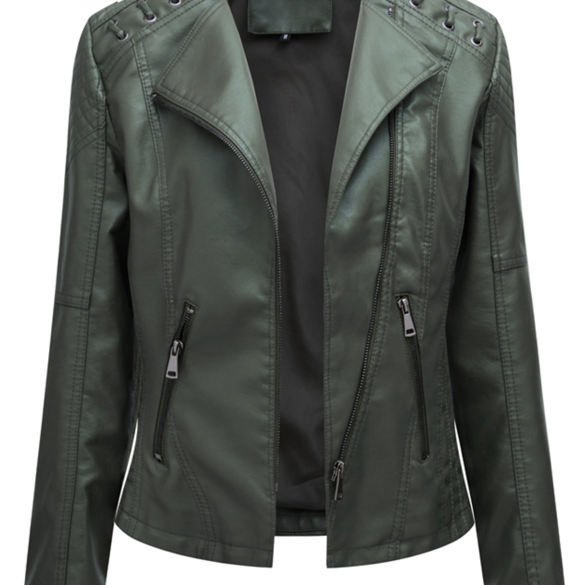 Faux Leather Biker Jacket Women's Green Zip-Up Moto Coat – Casual, Office, Holiday, Gift