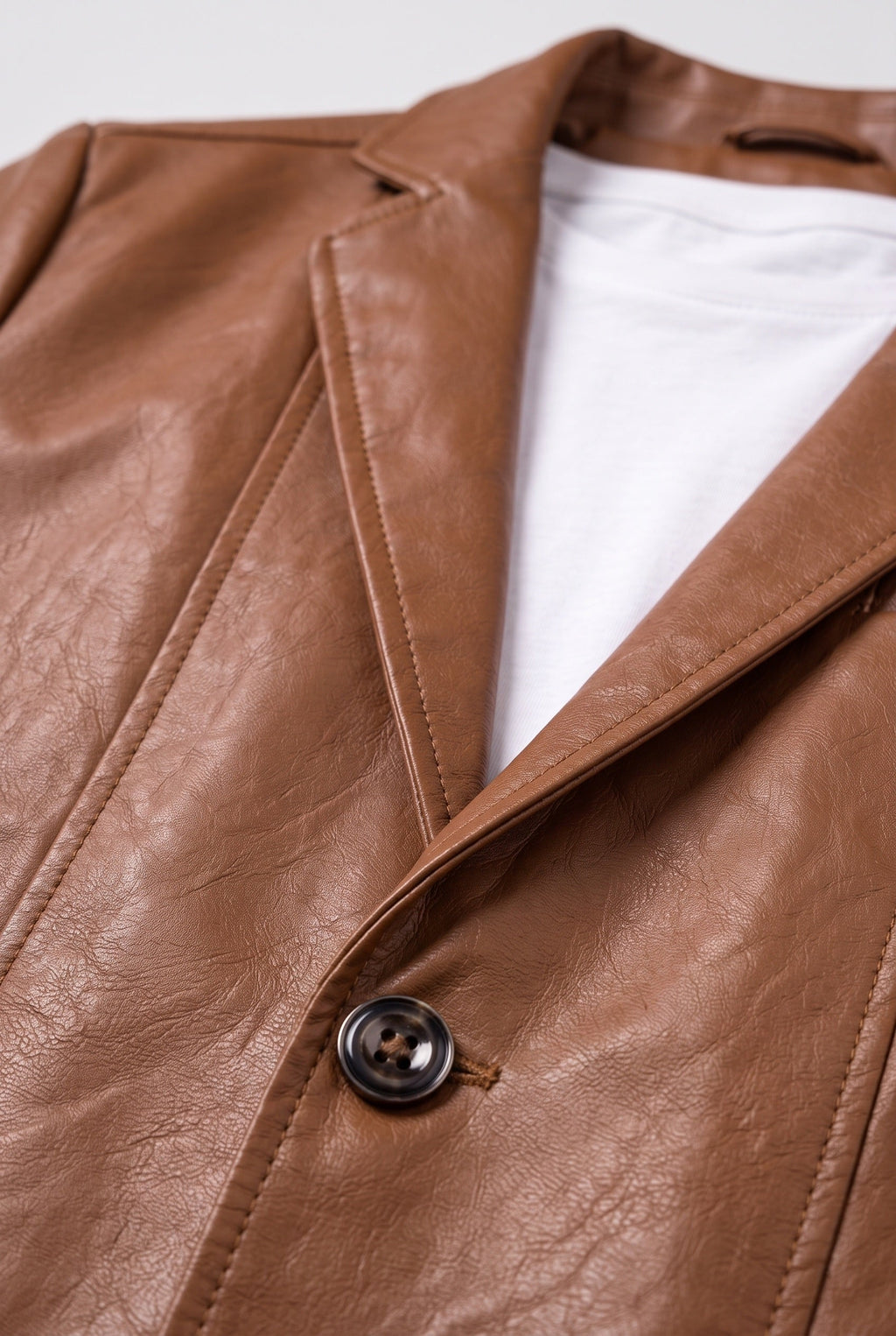Faux Leather Blazer Jacket Tan Men's Notch Lapel Two-Button – Office, Casual, Smart Wear, Gift