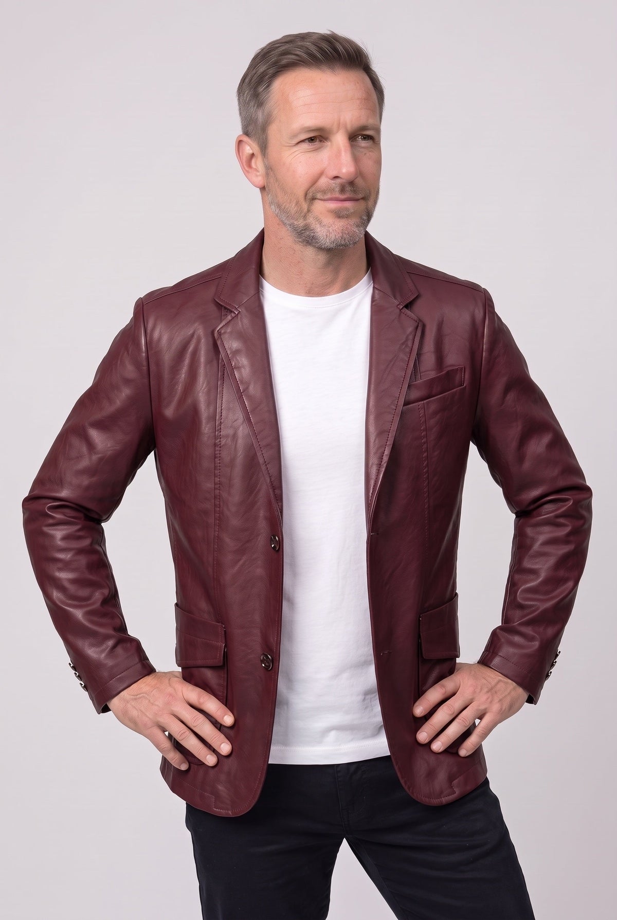 Faux Leather Blazer Jacket Tan Men's Notch Lapel Two-Button – Office, Casual, Smart Wear, Gift