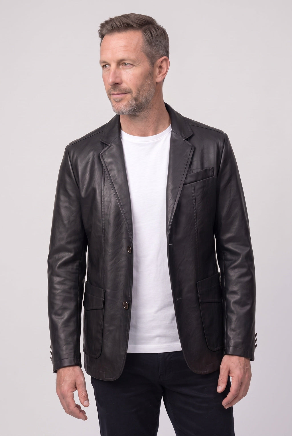Faux Leather Blazer Jacket Tan Men's Notch Lapel Two-Button – Office, Casual, Smart Wear, Gift