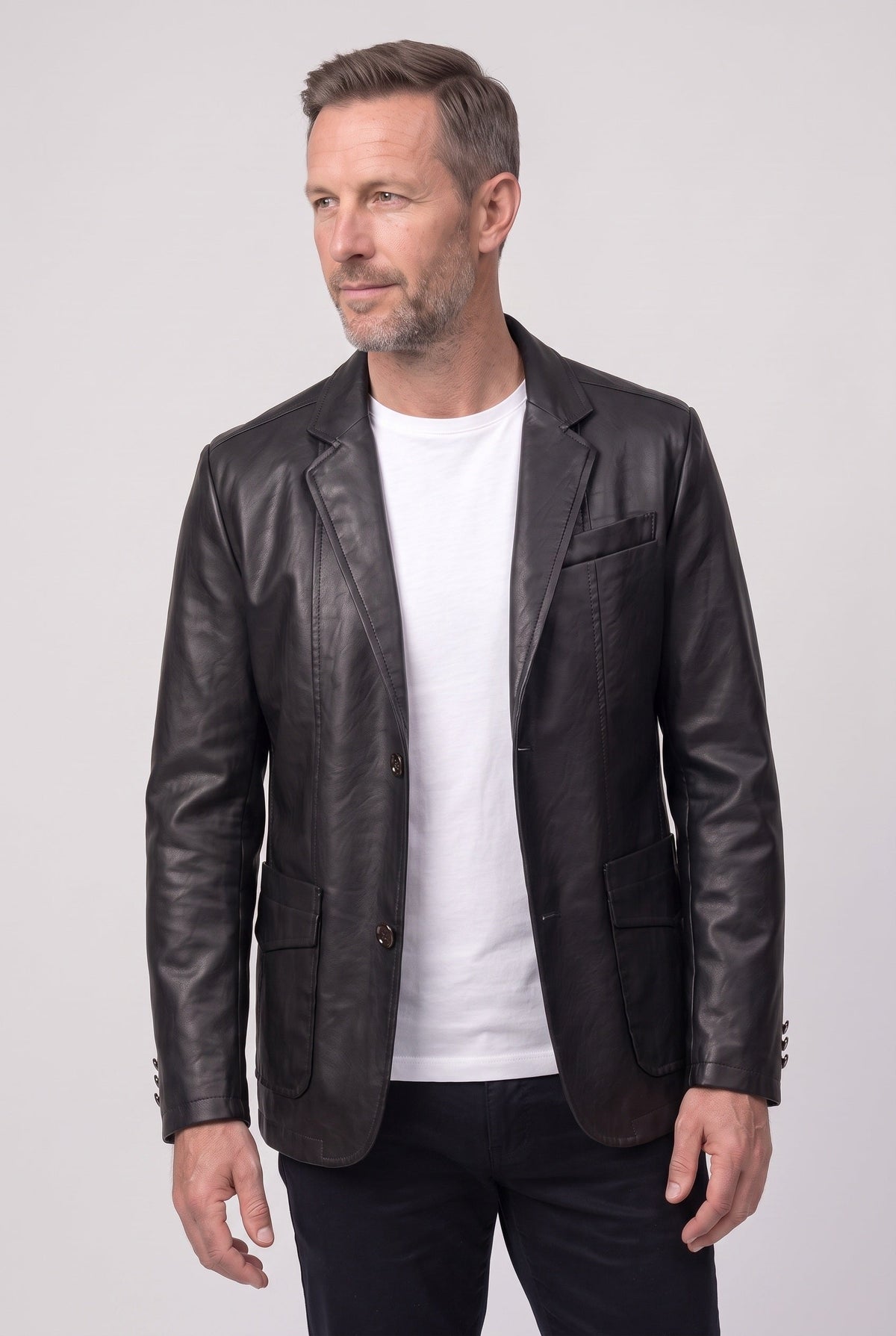 Faux Leather Blazer Jacket Tan Men's Notch Lapel Two-Button – Office, Casual, Smart Wear, Gift