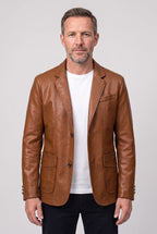 Faux Leather Blazer Jacket Tan Men's Notch Lapel Two-Button – Office, Casual, Smart Wear, Gift