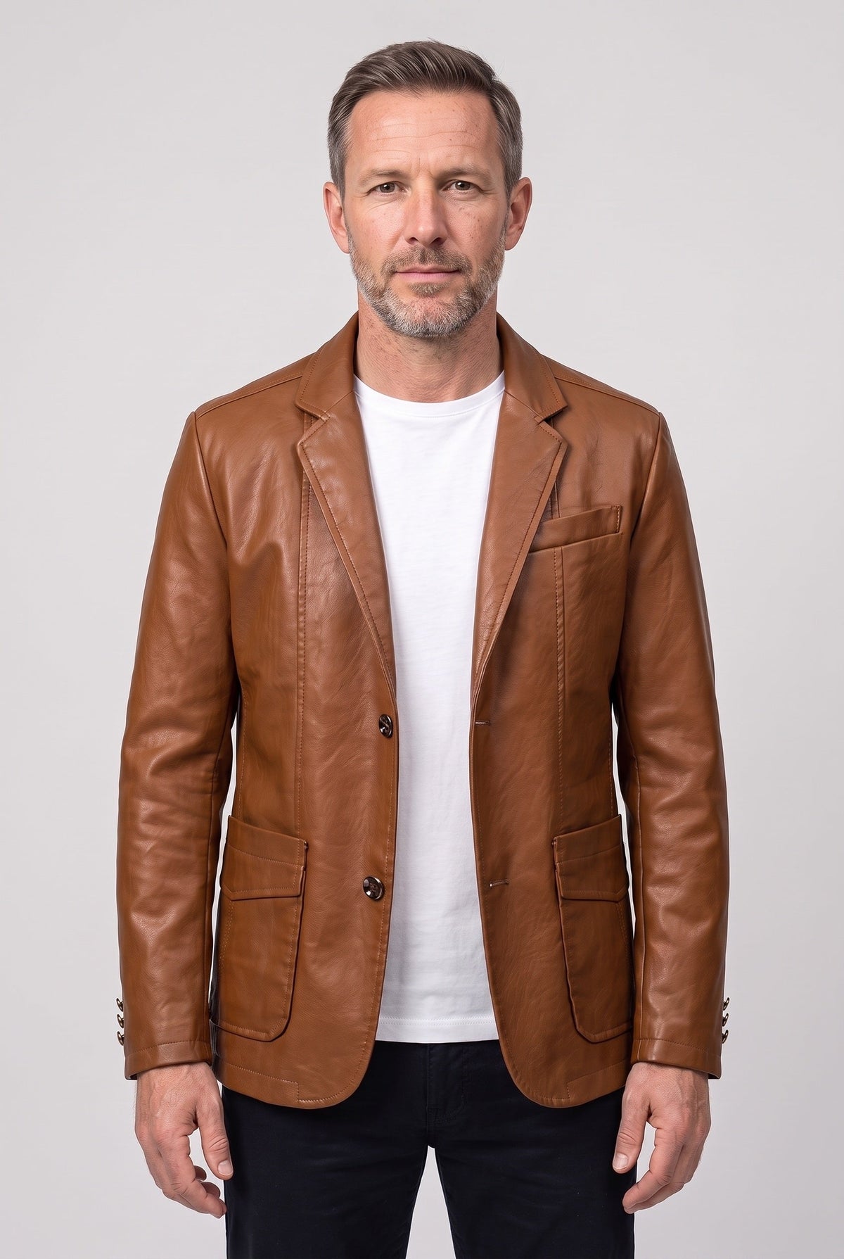 Faux Leather Blazer Jacket Tan Men's Notch Lapel Two-Button – Office, Casual, Smart Wear, Gift