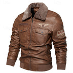 Faux Leather Bomber Jacket Men's Brown Fleece Collar Aviator Coat – Casual, Winter, Gift
