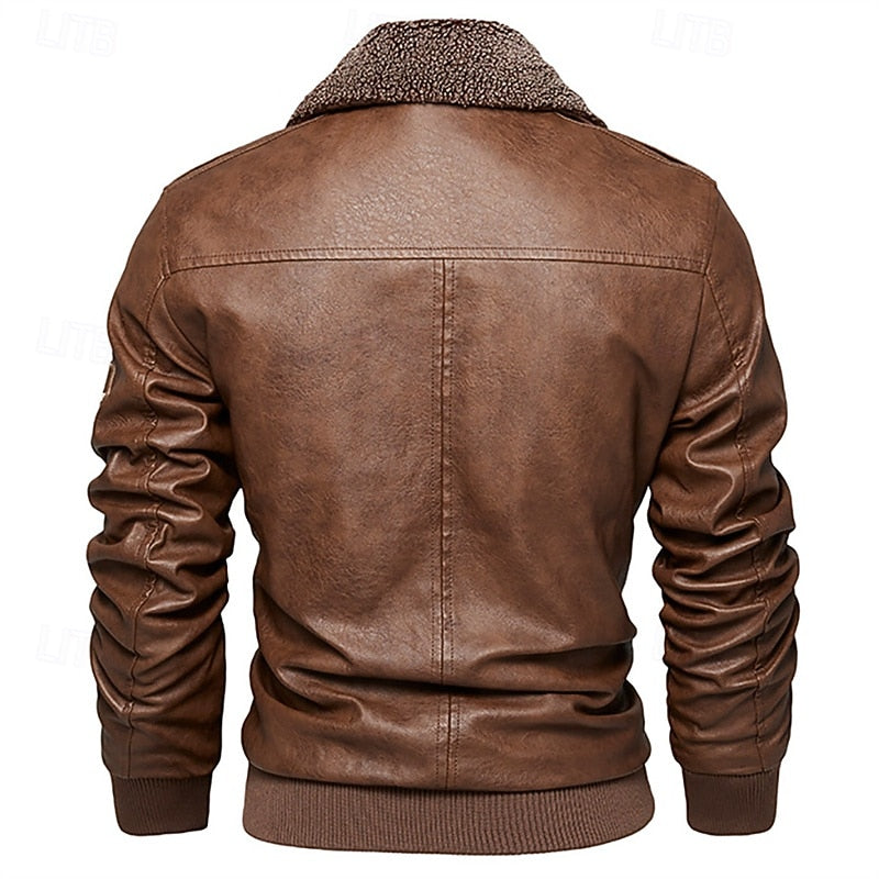 Faux Leather Bomber Jacket Men's Brown Fleece Collar Aviator Coat – Casual, Winter, Gift