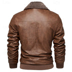 Faux Leather Bomber Jacket Men's Brown Fleece Collar Aviator Coat – Casual, Winter, Gift