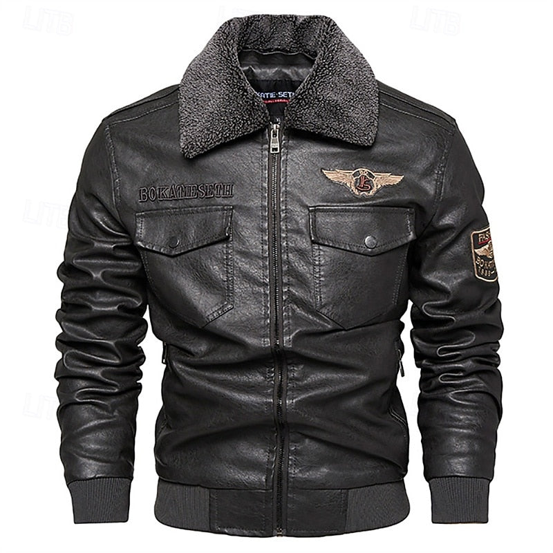 Faux Leather Bomber Jacket Men's Brown Fleece Collar Aviator Coat – Casual, Winter, Gift